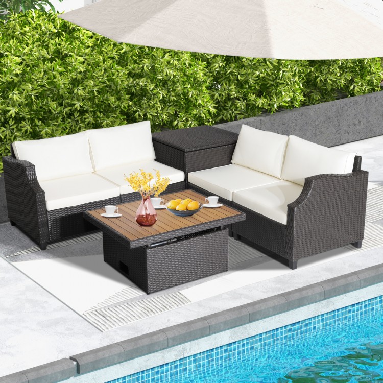 7 Pieces Hand-Woven Wicker Outdoor Furniture Set with Acacia Wood Coffee Table