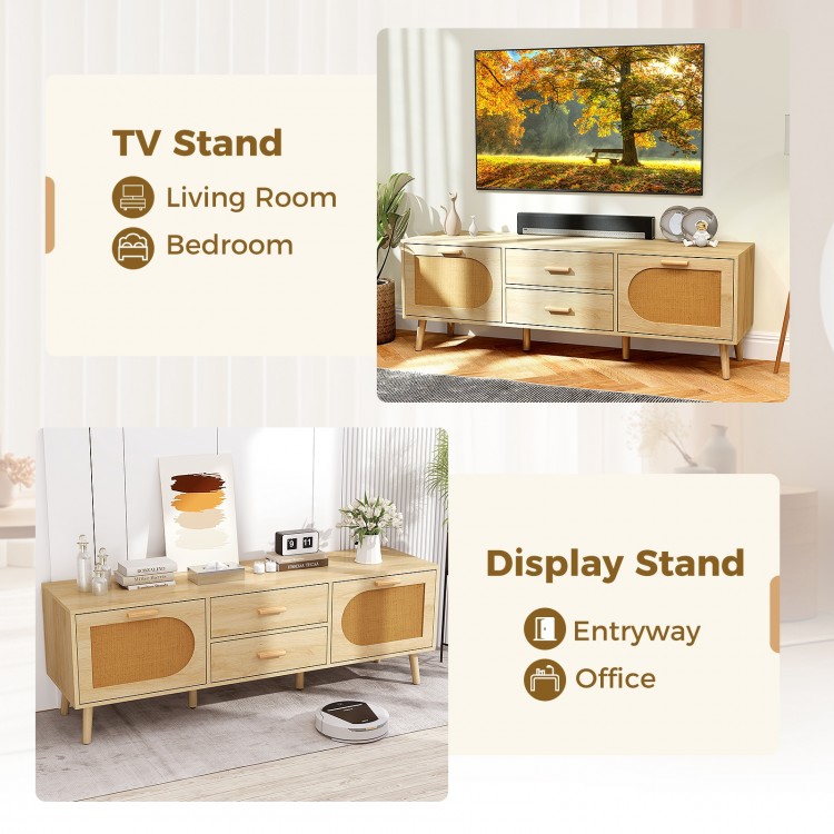Rattan TV Stand for 65-Inch TV with Drawers and Solid Wood Legs