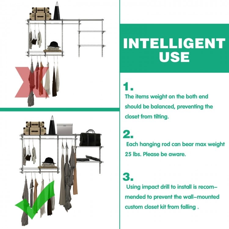 3 to 6 Feet Wall-Mounted Closet System Organizer Kit with Hang Rod