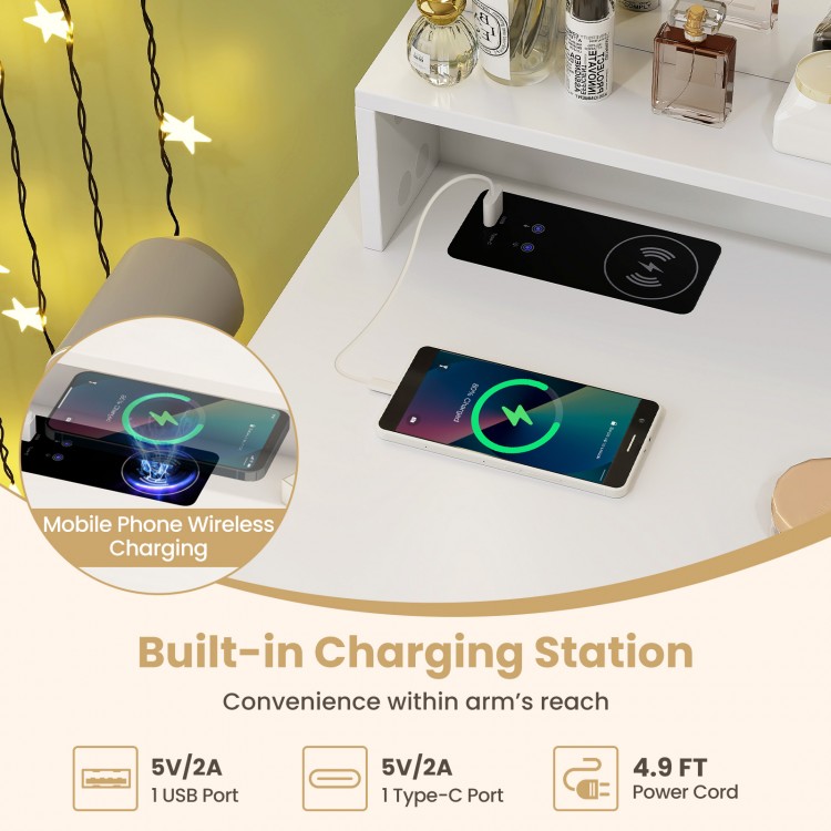 Makeup Vanity Dressing Table and Stool Set with Lights and Charging Station