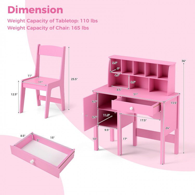 Kids Study Desk and Chair Set with Chair Hutch and Storage Cabinet for 3+ Years Old
