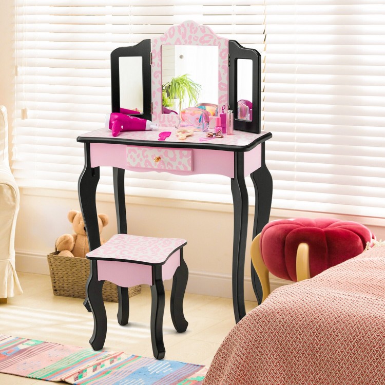 Kid Vanity Set with Tri-Folding Mirror and Leopard Print