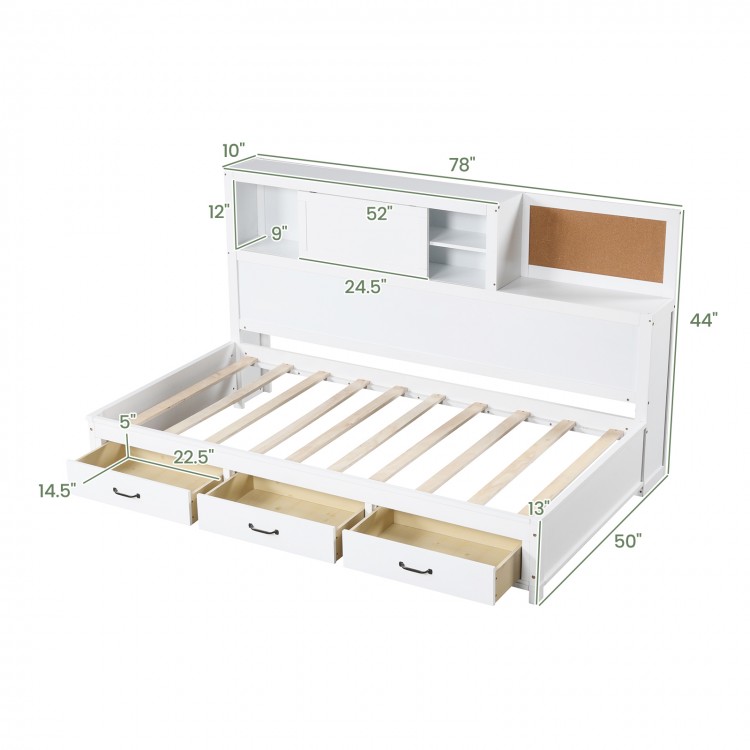 Twin/Full Size Wooden Daybed with 3 Drawers with Storage Shelves