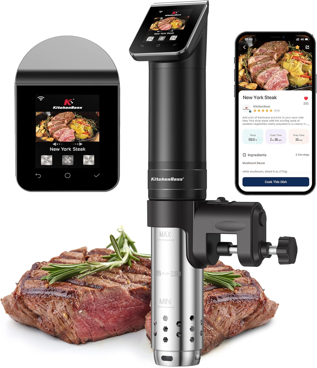 KitchenBoss Sous Vide Garer Stick WLAN: G330 Wifi Præcisionskoger Præcis temperaturindstilling op til 90°C IPX7 Vandtæt TFT Touch-Display Immersion Dykkerciculator 360° Cirkulation med Timer