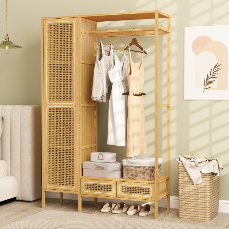 Bamboo Clothing Rack with Cabinet and Drawers and Hanging Rod
