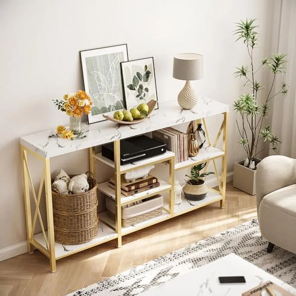 WTYNKAE 55′′ Dark Brown Entryway Console Table with Shelves – Farmhouse Style for Living Room