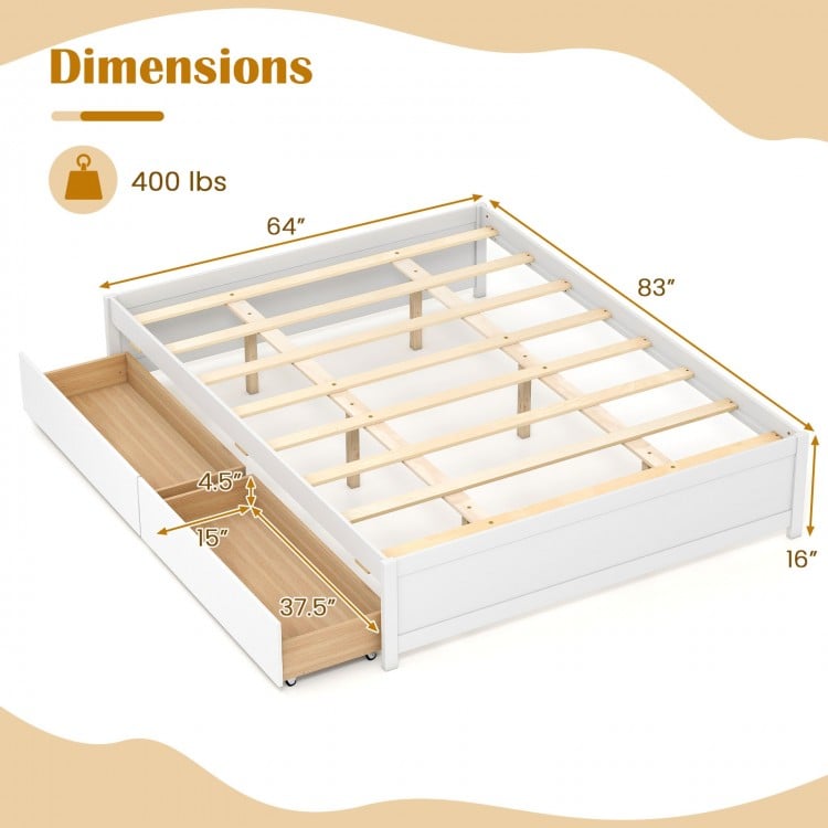 Queen Size Bed Frame with 2 Rolling Storage Drawers