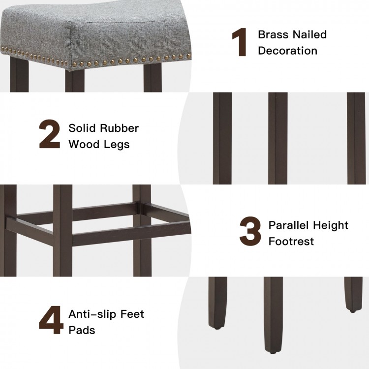 2 Pieces 29 Inch Backless Counter Height Stools with Brass Nail Head Studs