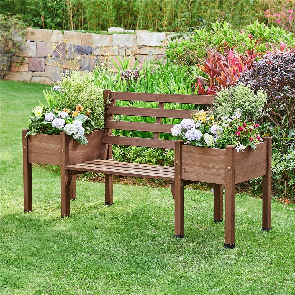 SmileMart Outdoor Wood Bench with Double Planter Boxes, Brown, Fir Wood, Water-Resistant