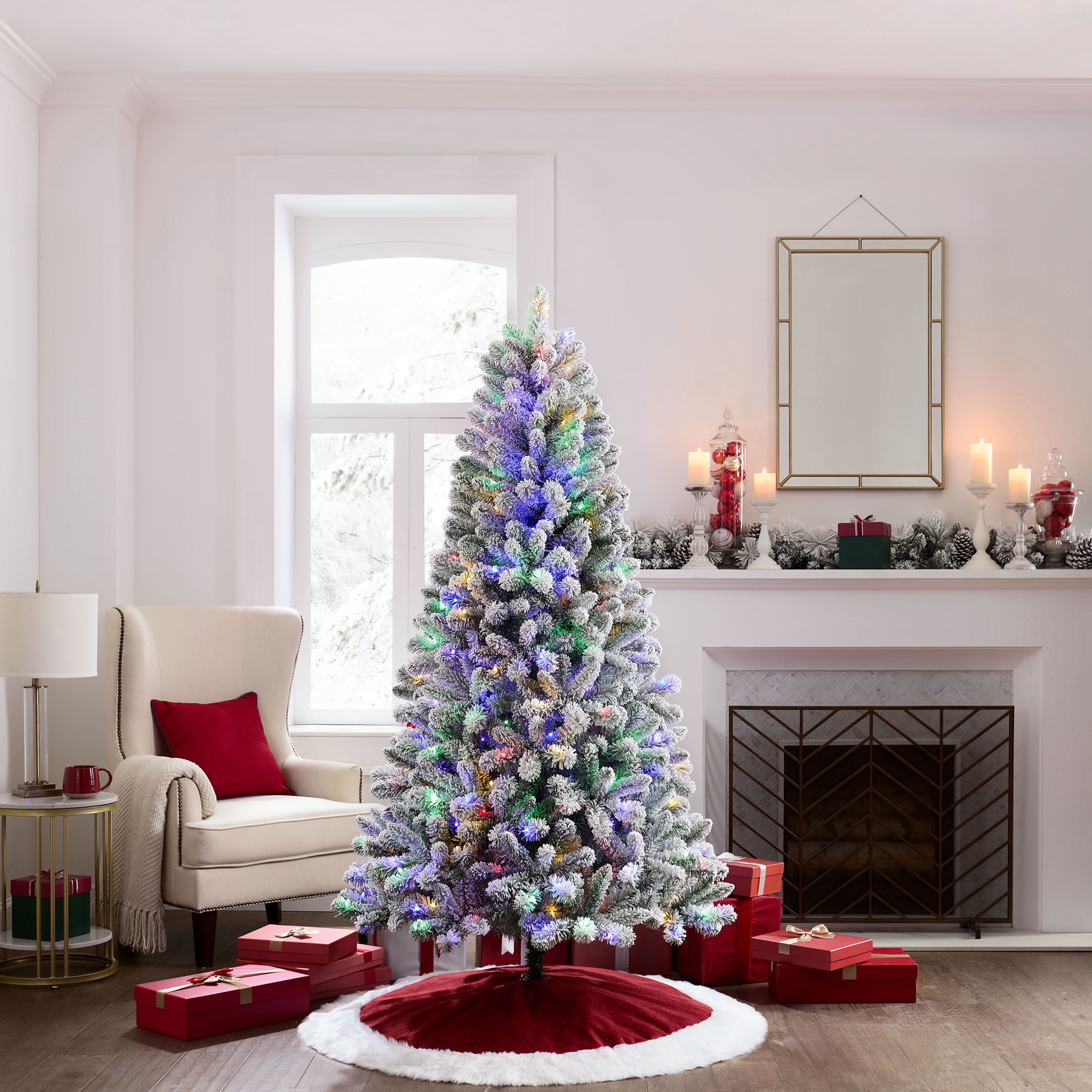 Holiday Time 6.5 ft Pre-Lit Flocked Frisco Pine Christmas Tree, 250 LED Lights, Green/White, with Stand