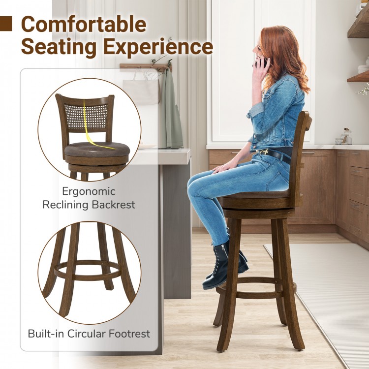 29 Inches Swivel Counter Height Barstool Set of 2 with Rattan Backrest and Footrest