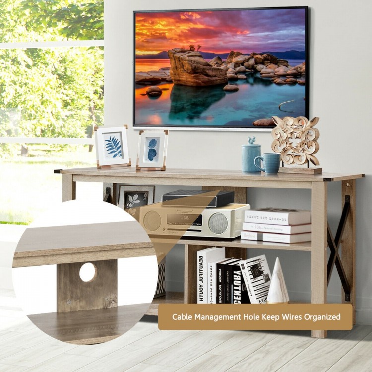 3 Tier Wood TV Stand for 55-Inch with Open Shelves and X-Shaped Frame