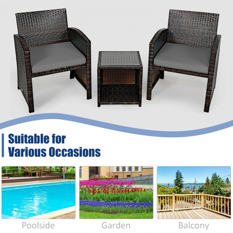 3 Pieces PE Rattan Wicker Furniture Set with Cushion Sofa Coffee Table for Garden