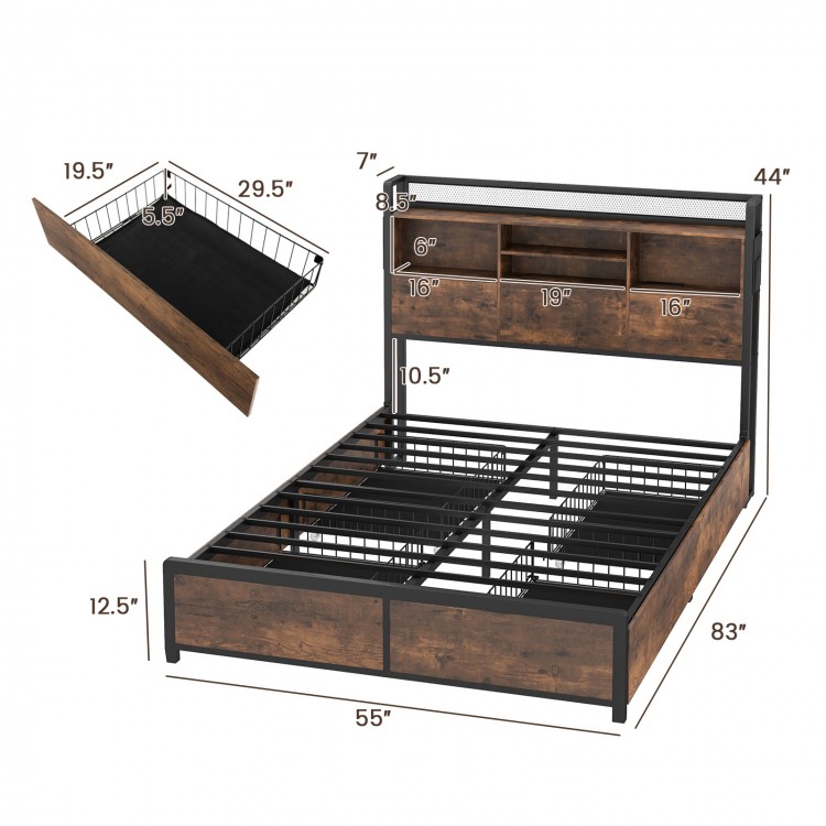 Full/Queen Size Bed Frame with Bookcase Headboard and 4 Storage Drawers