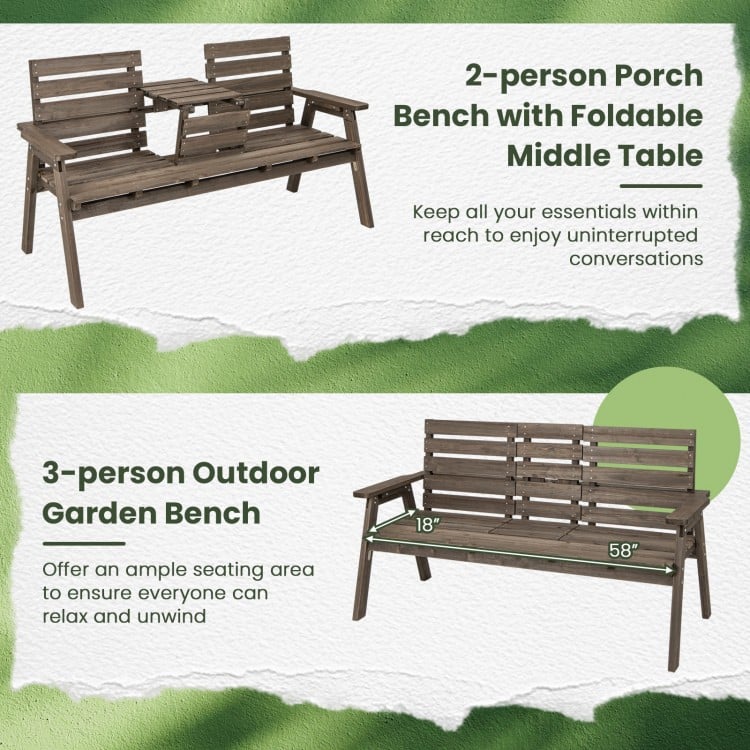 Outdoor Fir Wood Bench with Foldable Middle Table