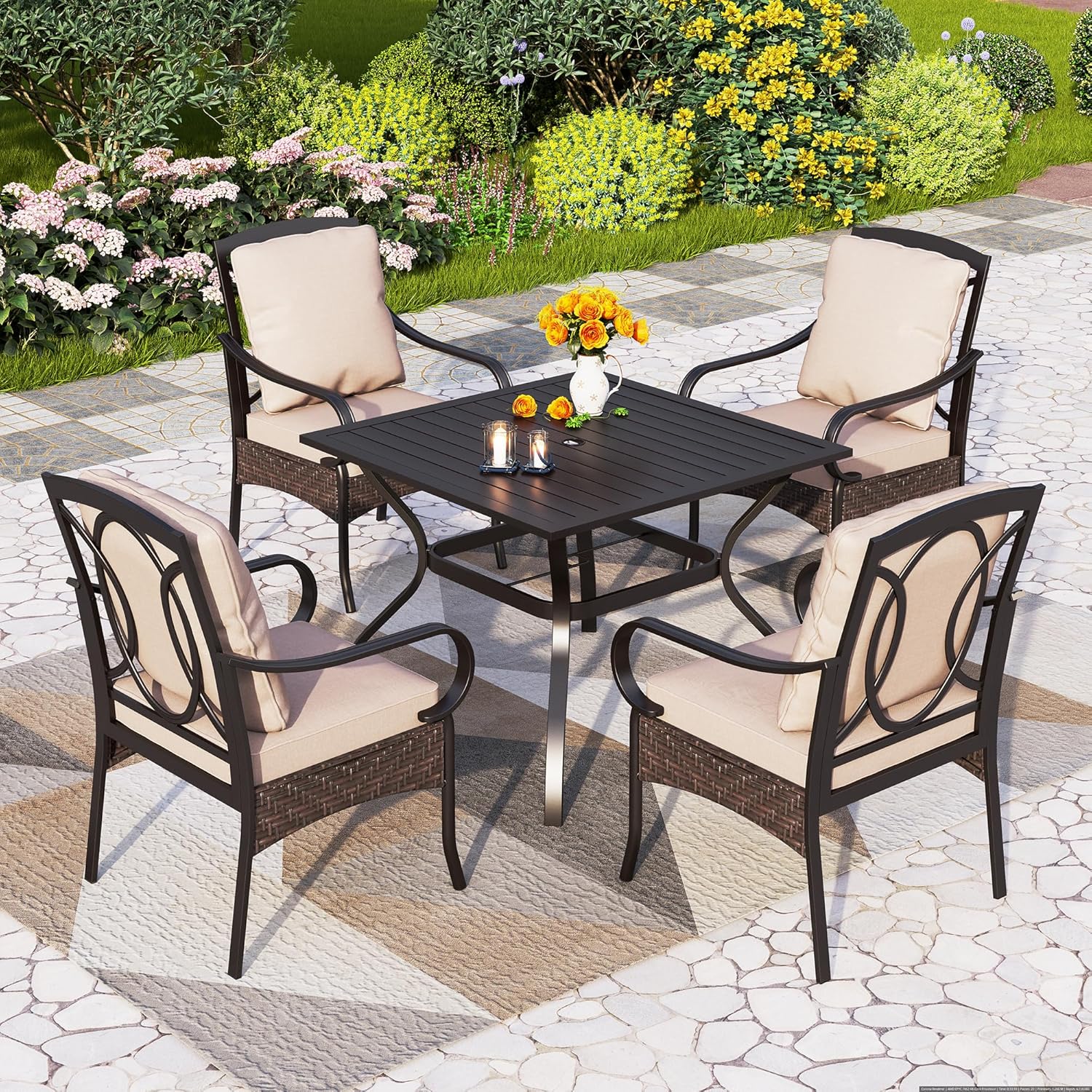 PHI VILLA 6-Piece Outdoor Dining Sets, All-Weather Patio Table and Chairs Set with Umbrella for 4, Heavy Duty Patio Round Table Set for Deck, 4 Extra Large Outdoor Swivel Chairs with Thick Cushions