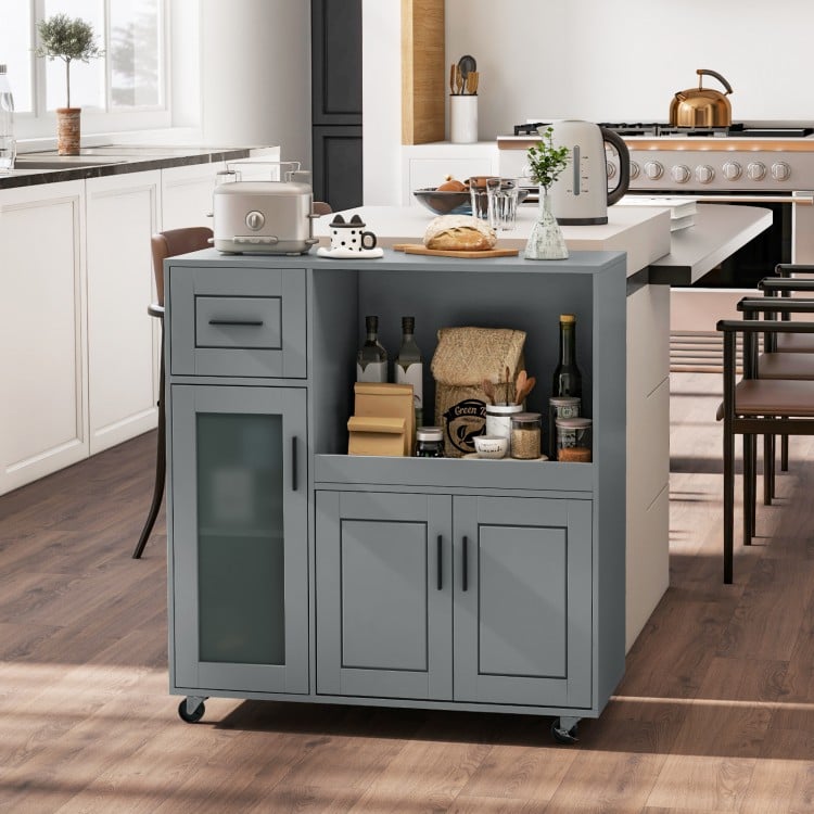 Rolling Kitchen Island with Wheels Drawer and Glass Door Cabinet