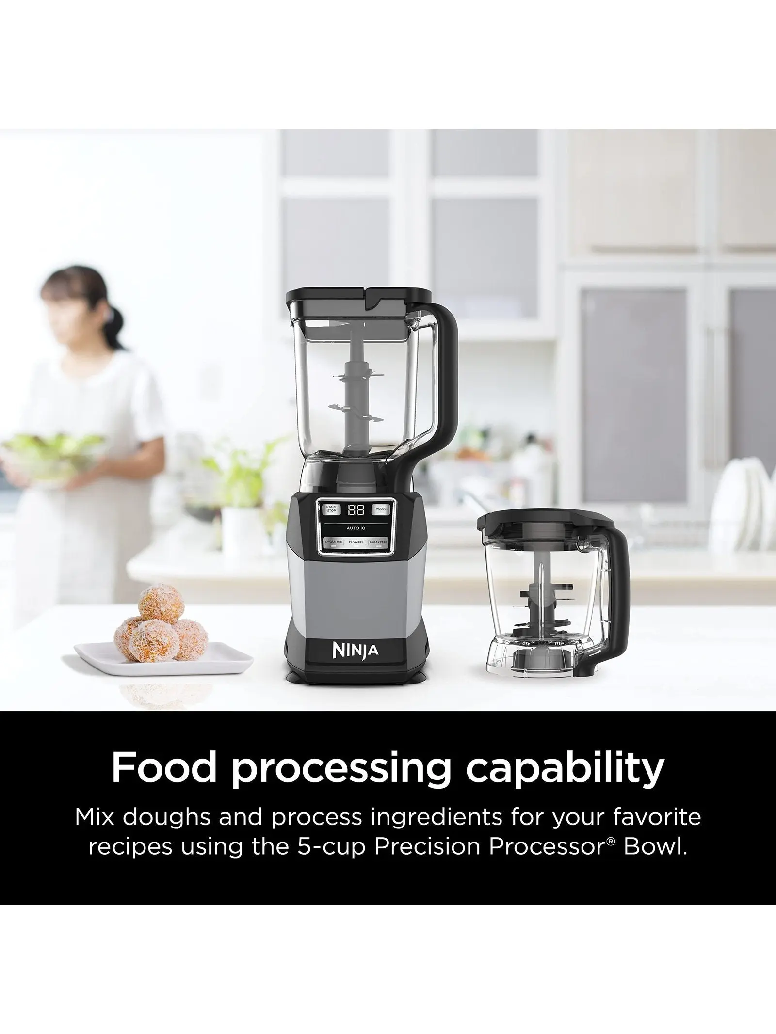 Ninja Compact Kitchen System, 1200W, Auto-iQ, 3-in-1 Blender, Processor & Ice Crusher with 72-oz. Pitcher & 18-oz. Cup, Grey