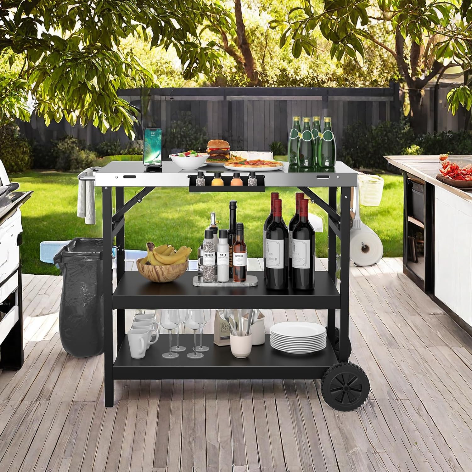 Outdoor Grill Cart Table with Stainless Steel Top, Adjustable Shelves, Spice Rack & Hanging Hooks