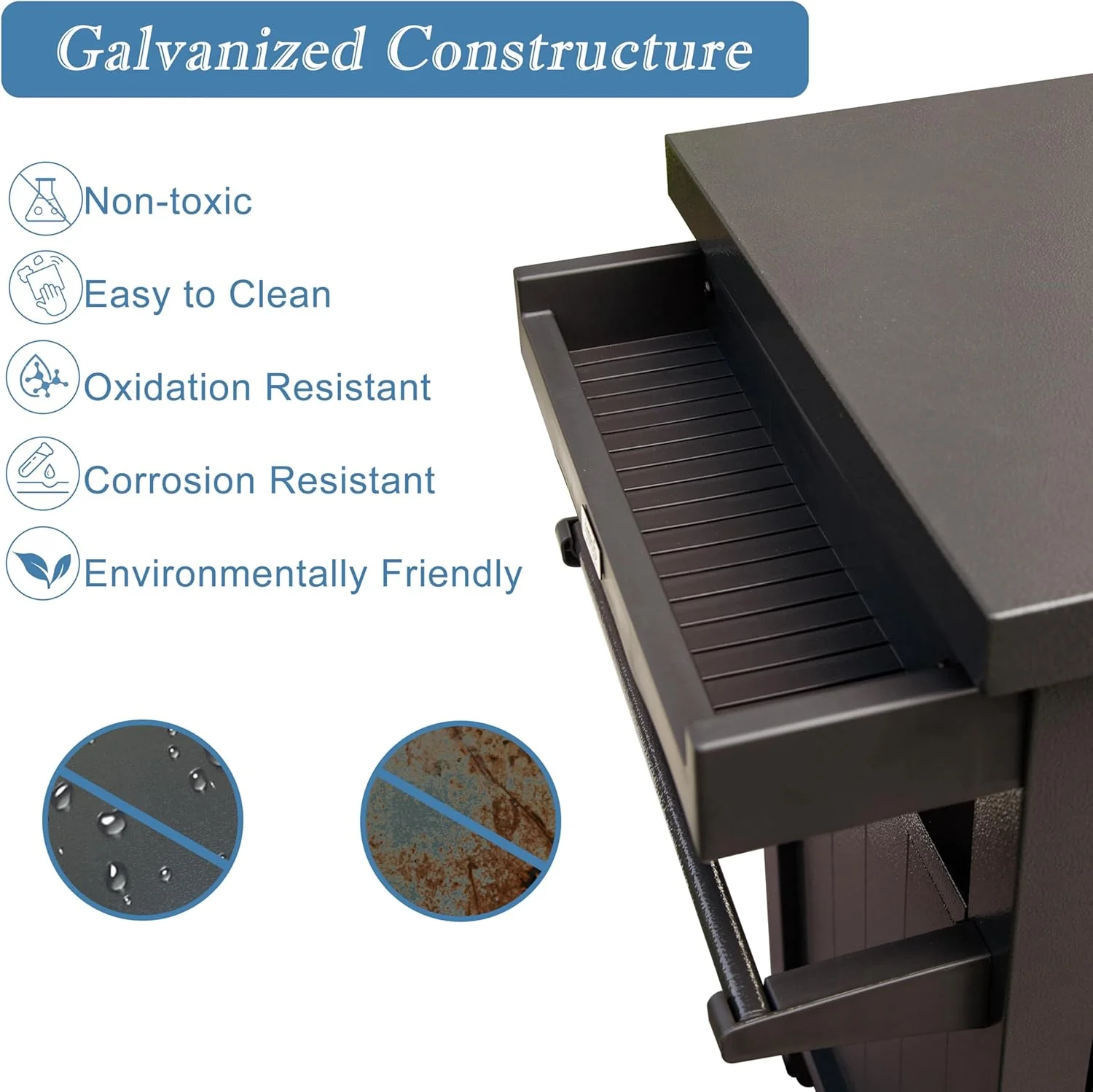 Heavy Duty Galvanized Steel Outdoor Storage Cabinet with Wheels – XL BBQ Grill Table, 57 Gallon Capacity, Brown & Grey