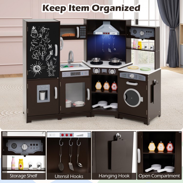 Corner Wooden Play Kitchen with Lights and Sounds Large Pretend Play Kitchen Set