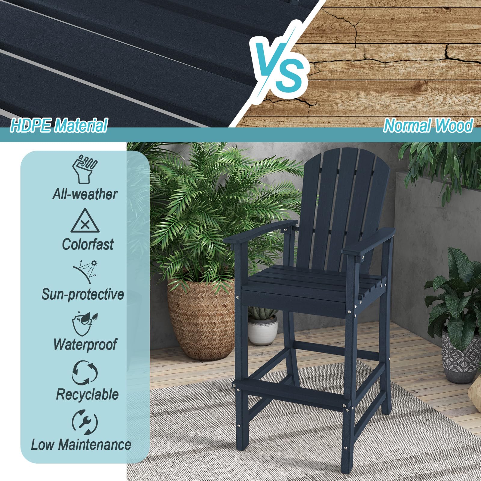 Outdoor HDPE Tall Adirondack Chairs with Armrests & Footrest, 30