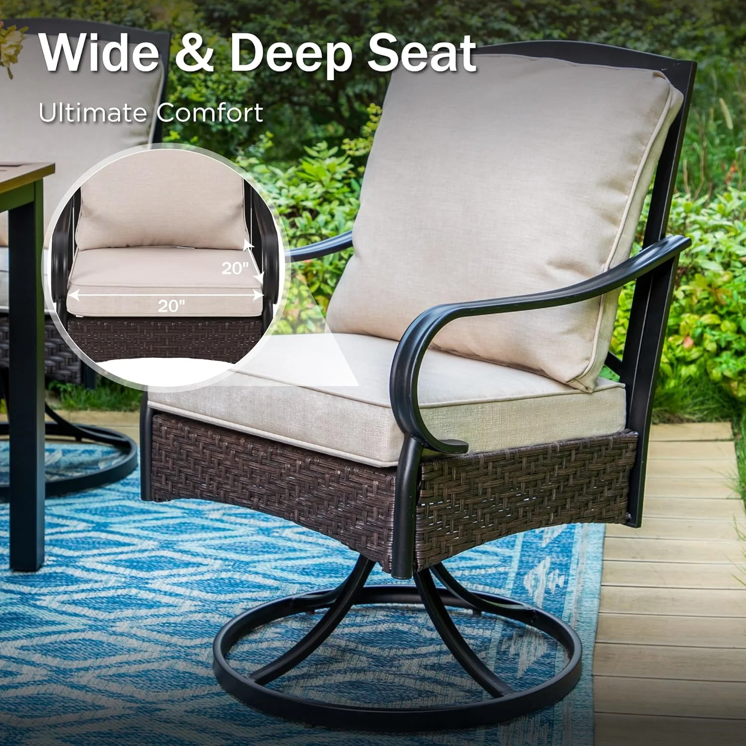 PHI VILLA 6-Piece Outdoor Dining Sets, All-Weather Patio Table and Chairs Set with Umbrella for 4, Heavy Duty Patio Round Table Set for Deck, 4 Extra Large Outdoor Swivel Chairs with Thick Cushions