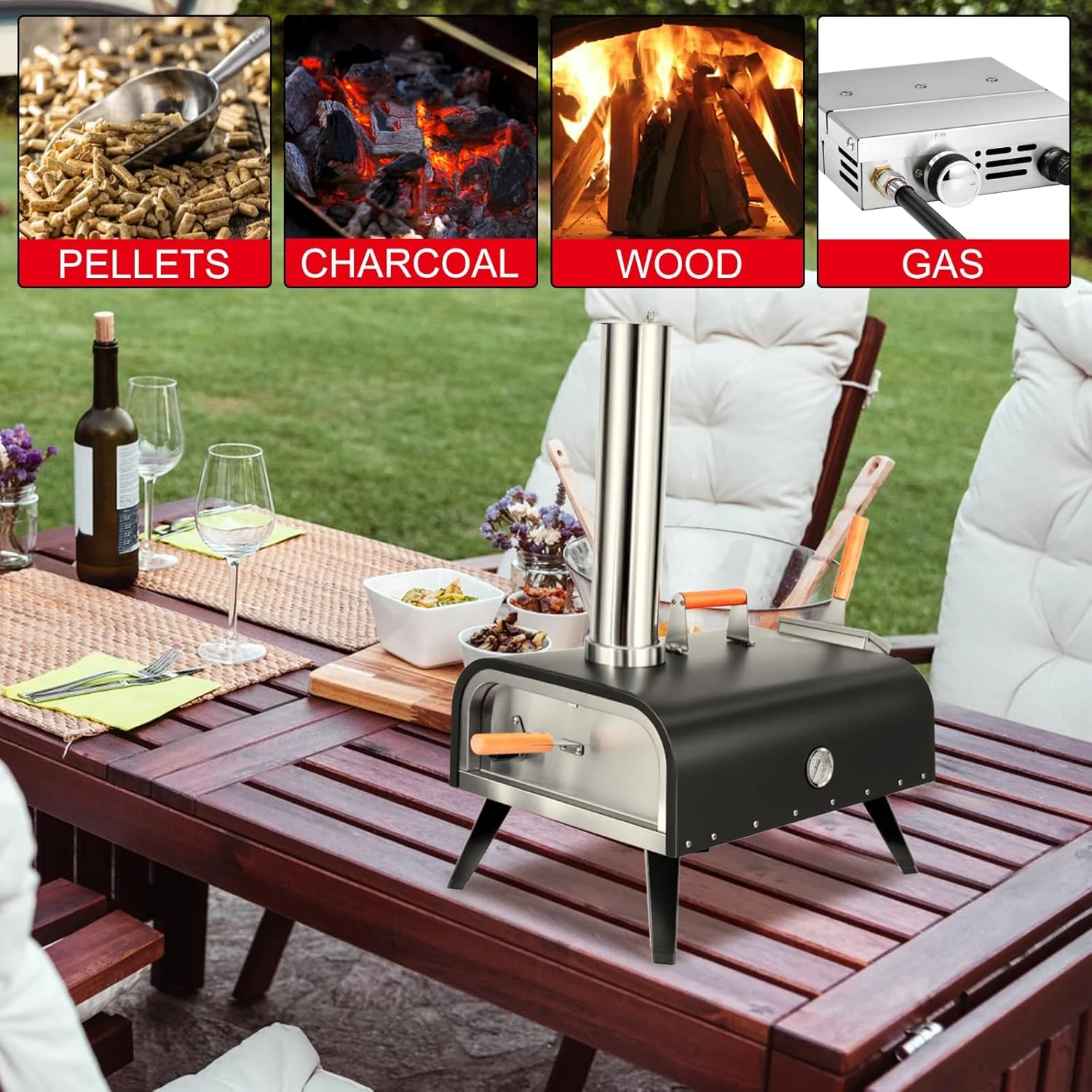 EDOSTORY Outdoor Pizza Oven, Wood Fired for Outside, Patio Maker With Stone, Peel, Grill Rack, and Waterproof Cover for Backyard Camping