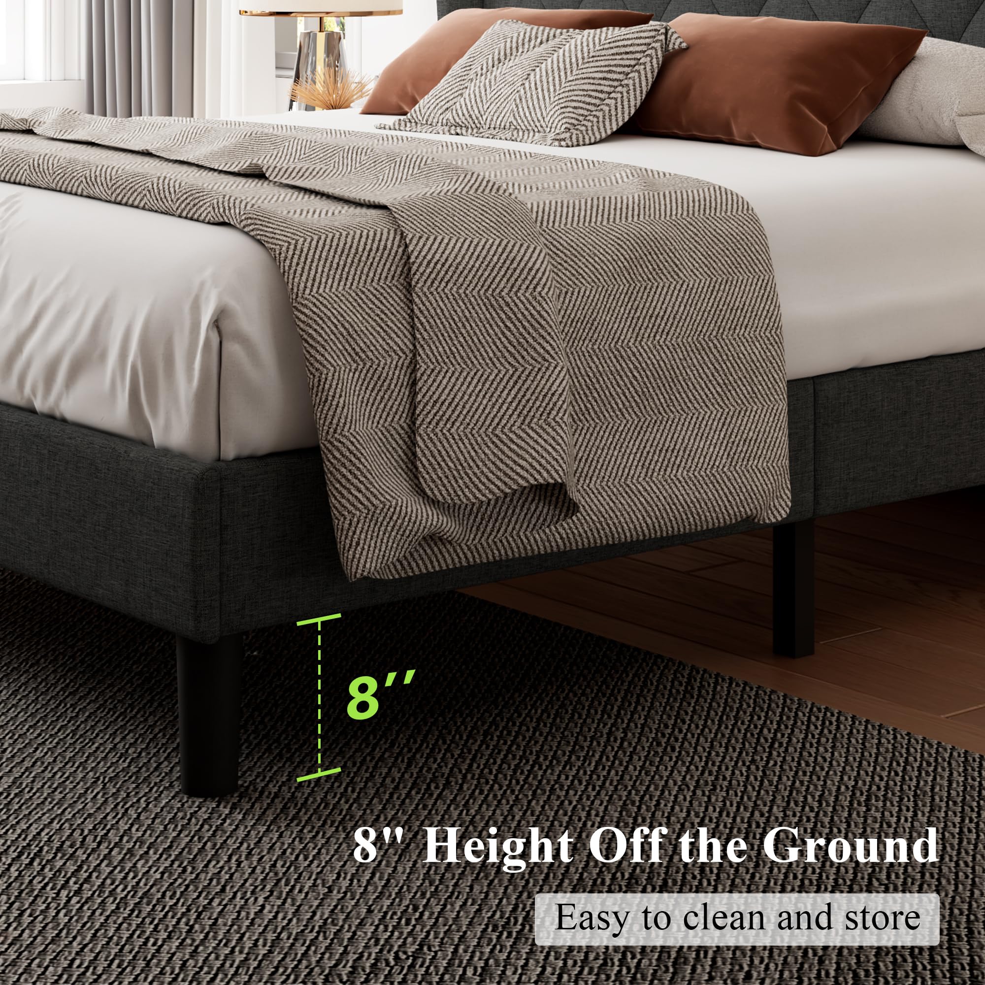 Feonase Full Size Bed Frame with Upholstered Wingback Headboard, Platform Bed and Heavy Duty Wooden Slats Support, Easy Assembly, Noise-Free, No Box Spring Needed, Dark Gray