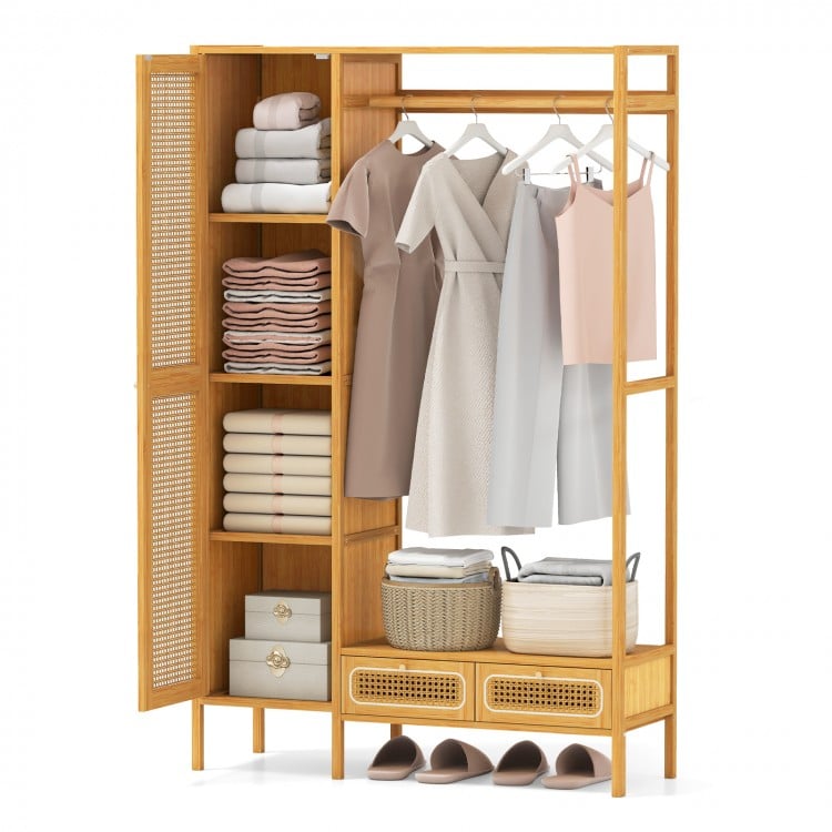 Bamboo Clothing Rack with Cabinet and Drawers and Hanging Rod