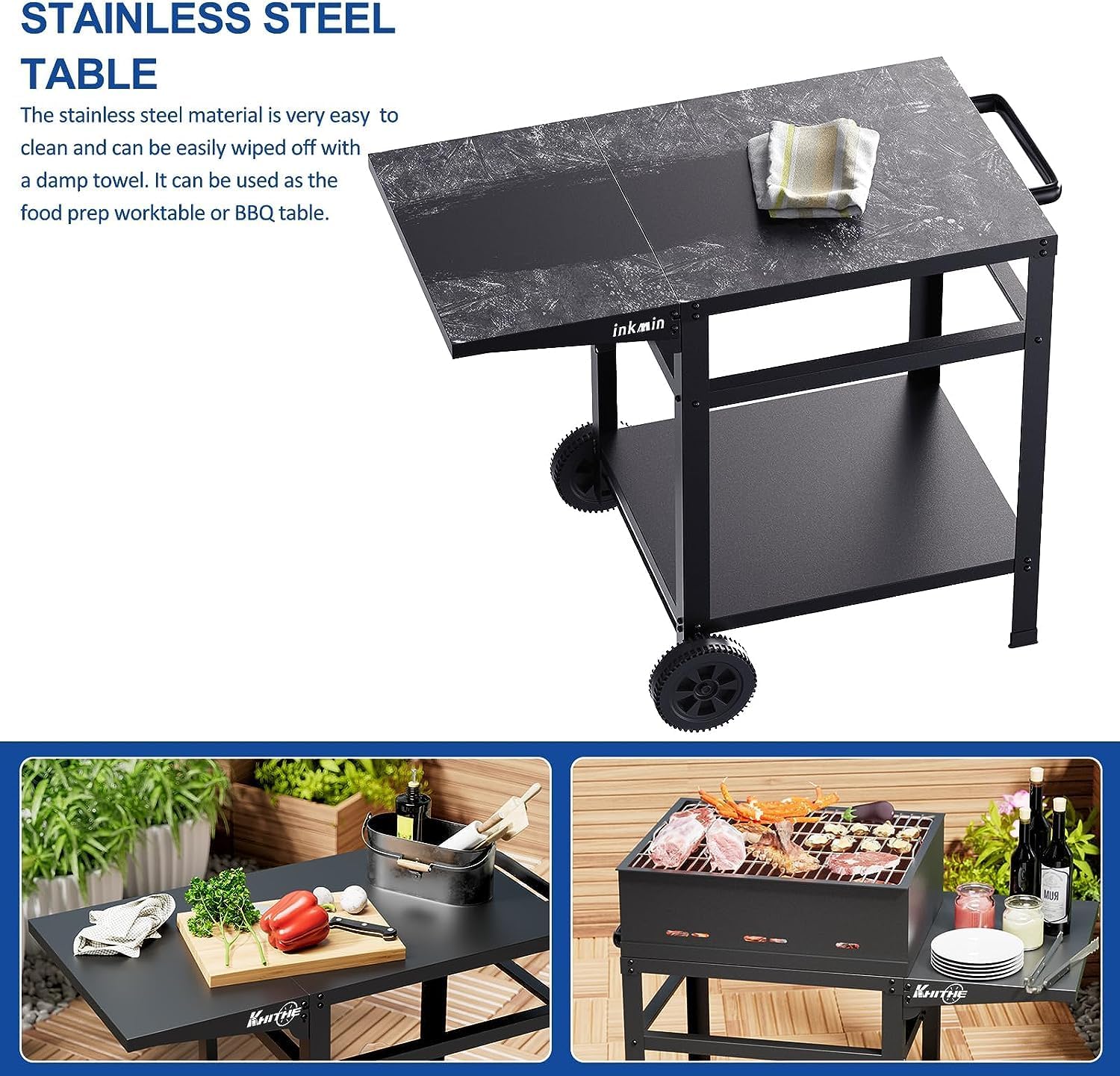 Upgraded Stainless Steel Outdoor BBQ Cart with Double-Shelf and Wheels – Movable Dining Table with Foldable Side and Hooks