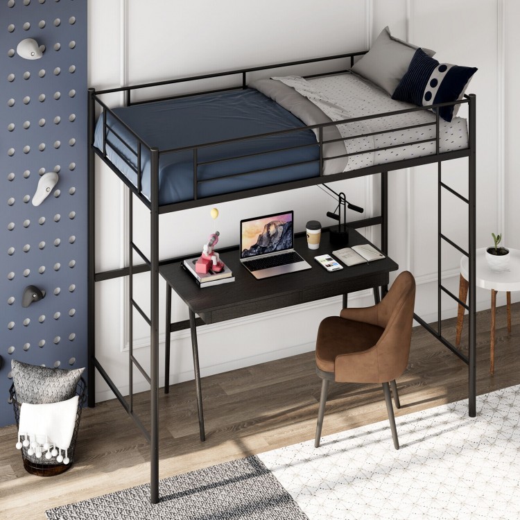 Twin Size Space-saving Metal Loft Bed with Full-Length Guardrail and 2 Ladders