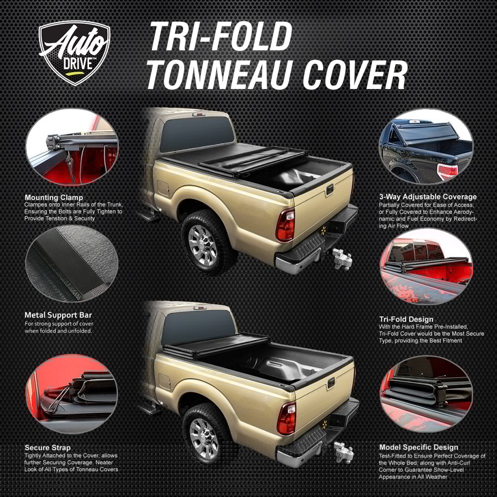 Auto Drive Soft Tri-Fold Tonneau Cover for 02-18 Dodge Ram 1500, 8Ft Bed, UV-Resistant, Weatherproof, Easy Install