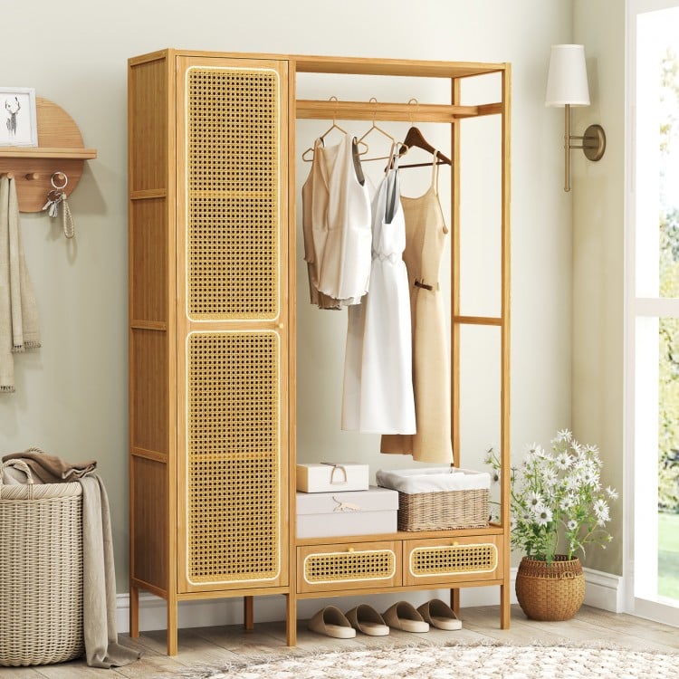 Bamboo Clothing Rack with Cabinet and Drawers and Hanging Rod