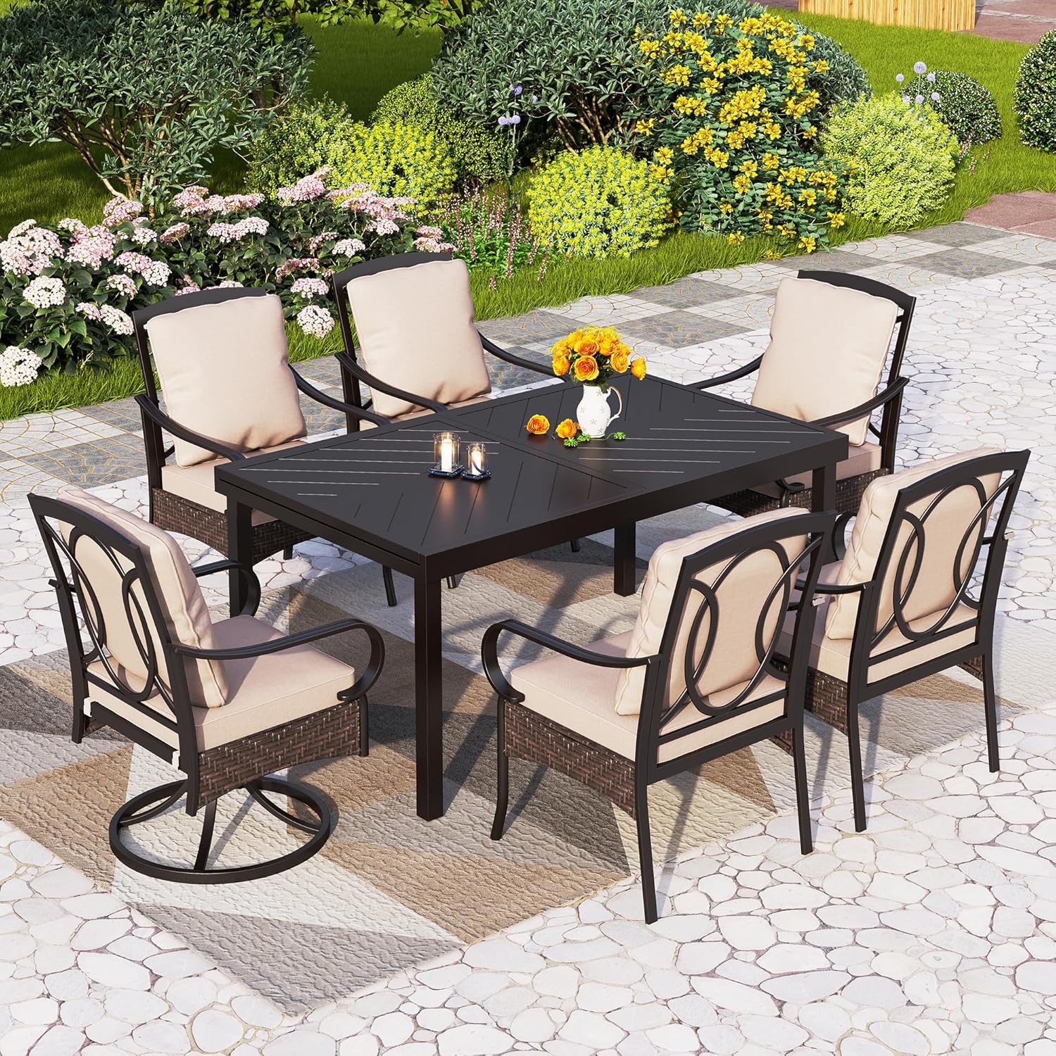 PHI VILLA 6-Piece Outdoor Dining Sets, All-Weather Patio Table and Chairs Set with Umbrella for 4, Heavy Duty Patio Round Table Set for Deck, 4 Extra Large Outdoor Swivel Chairs with Thick Cushions