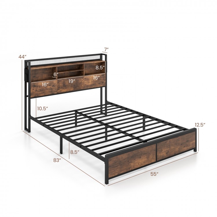 Full/Queen Size Bed Frame with 3-Tier Bookcase Headboard and Charging Station