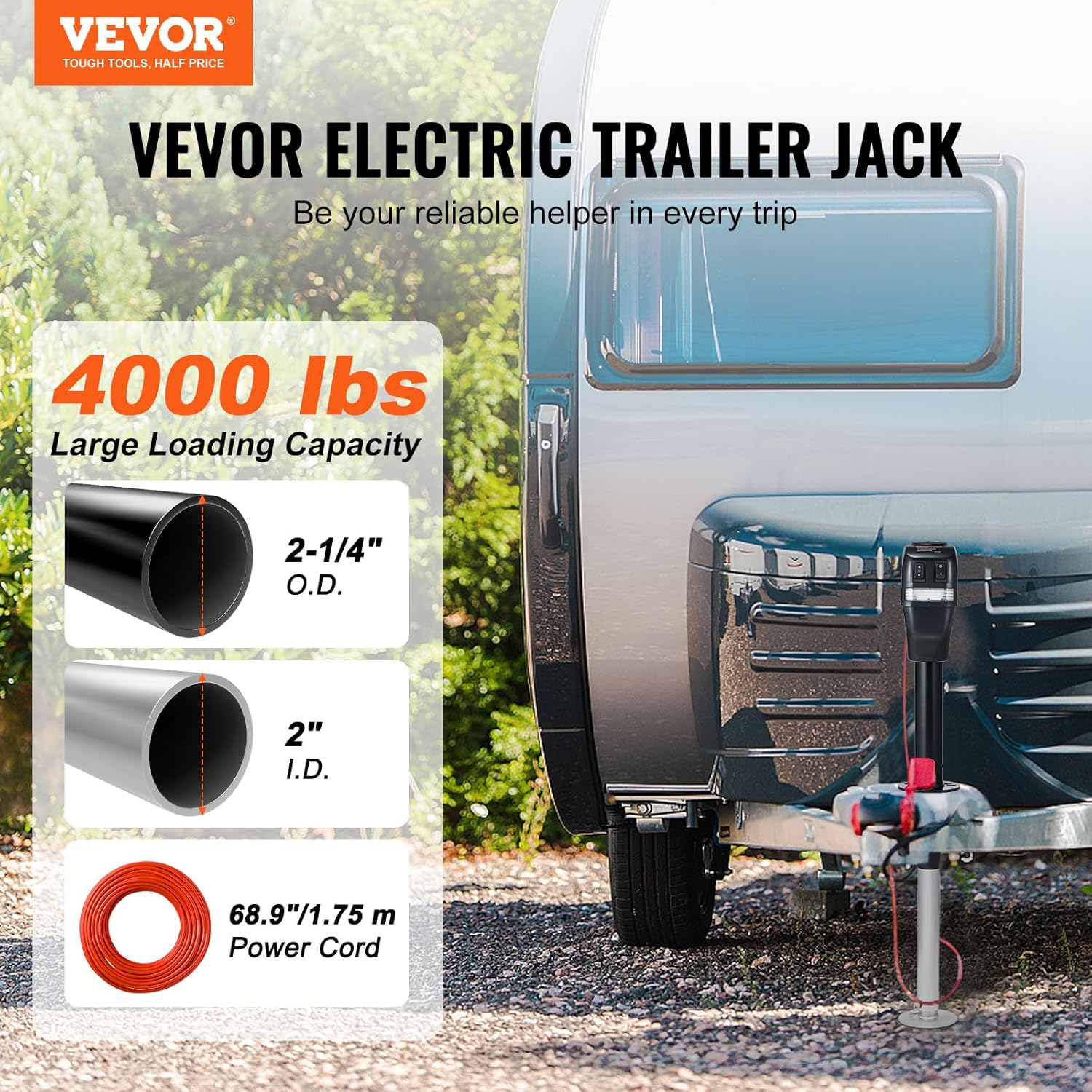 VEVOR Electric Trailer Jack 4000 lbs Capacity, Adjustable Height 9.84′′-27.95′′, Waterproof Cover, LED Light, for RV & Utility Trailers