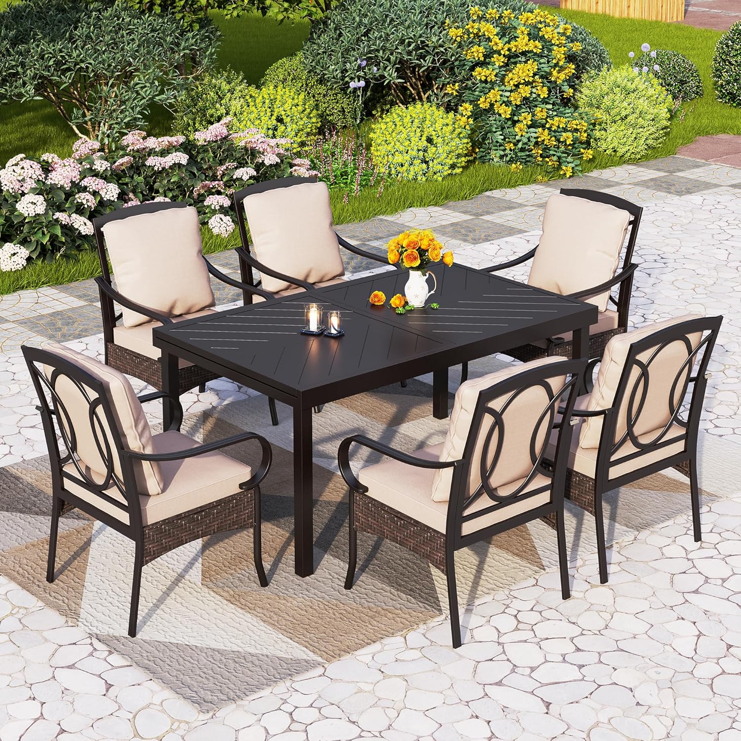PHI VILLA 6-Piece Outdoor Dining Sets, All-Weather Patio Table and Chairs Set with Umbrella for 4, Heavy Duty Patio Round Table Set for Deck, 4 Extra Large Outdoor Swivel Chairs with Thick Cushions