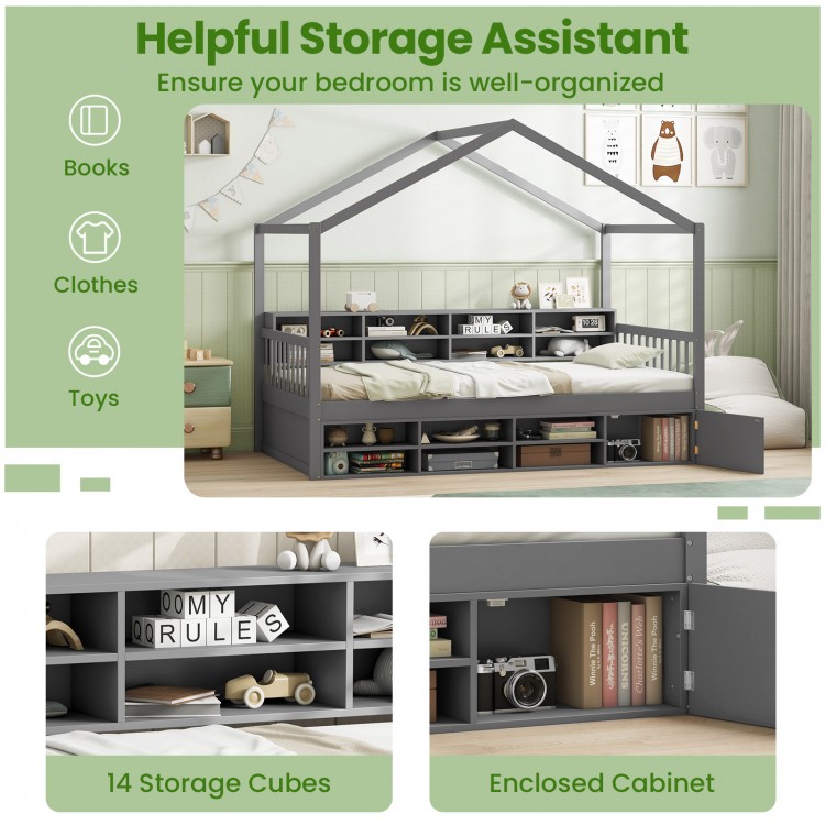 Twin Size House Bed with Roof with 14 Storage Cubes and Enclosed Cabinet