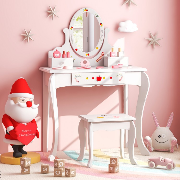 Kids Vanity and Stool Set with 360° Rotatable Mirror and Whiteboard