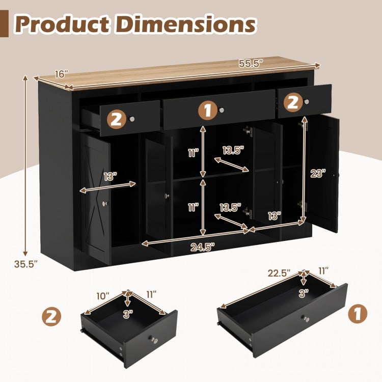 55 inch Large Buffet Sideboard Kitchen Storage Cabinet with 3 Drawers 2 See-through Doors Adjustable Shelves Wine Bar Table