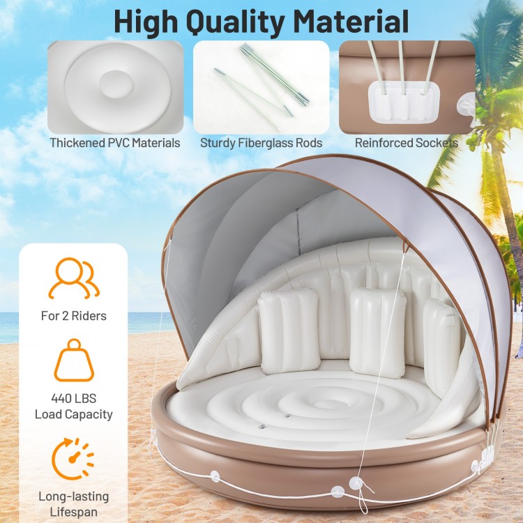 Inflatable Canopy Island Tanning Pool Lounger Float with Retractable Canopy