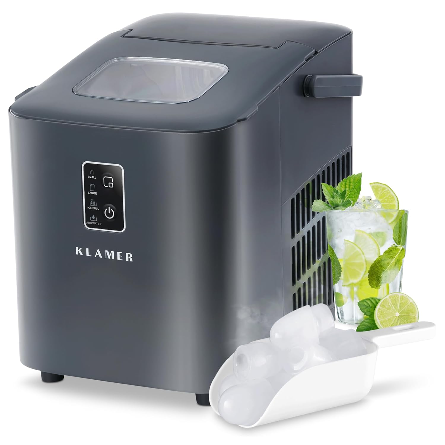 KLAMER Isterningemaskine lille med isskovl og 2 isterningestørrelser - 10 isterninger på kun 7 min, 15 kg isterninger om dagen - stille ismaskine med timer (sort)