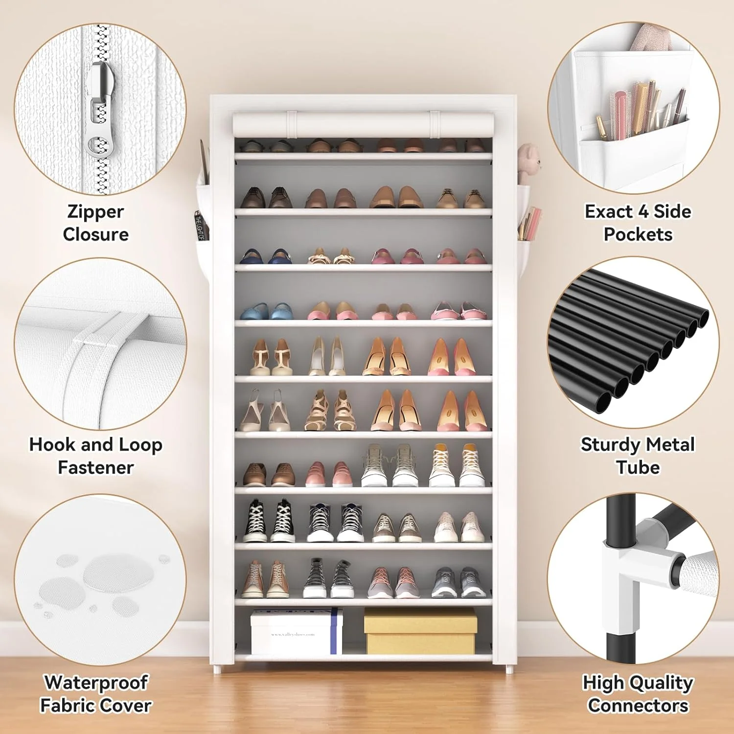 ROJASOP 10 Tier Shoe Rack with Covers,Large Capacity Stackable Tall Shoe Shelf Storage to 50-55 Pairs Shoes and Boots Sturdy Metal Free Standing Shoe Rack Organizer for Closet Entryway Garage