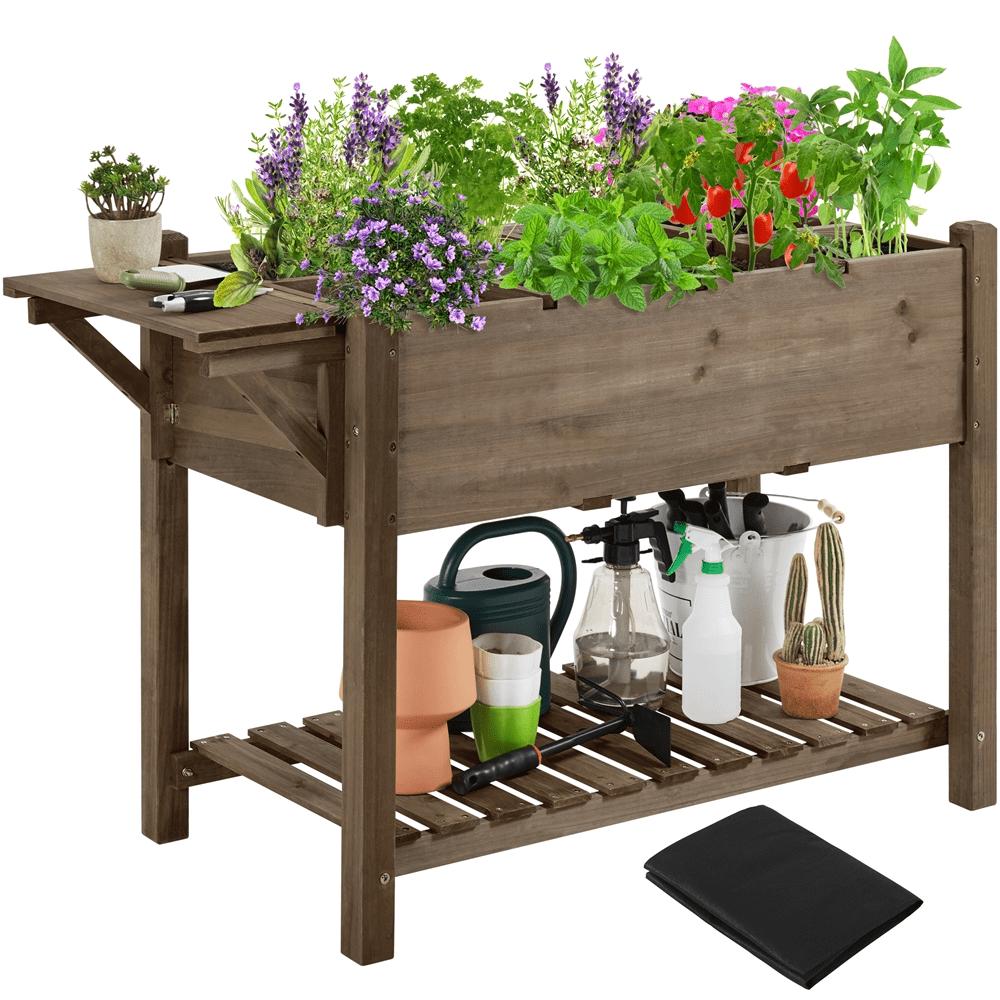 SmileMart Solid Wood Elevated Garden Bed with Liner & Grids, Dark Brown Planter