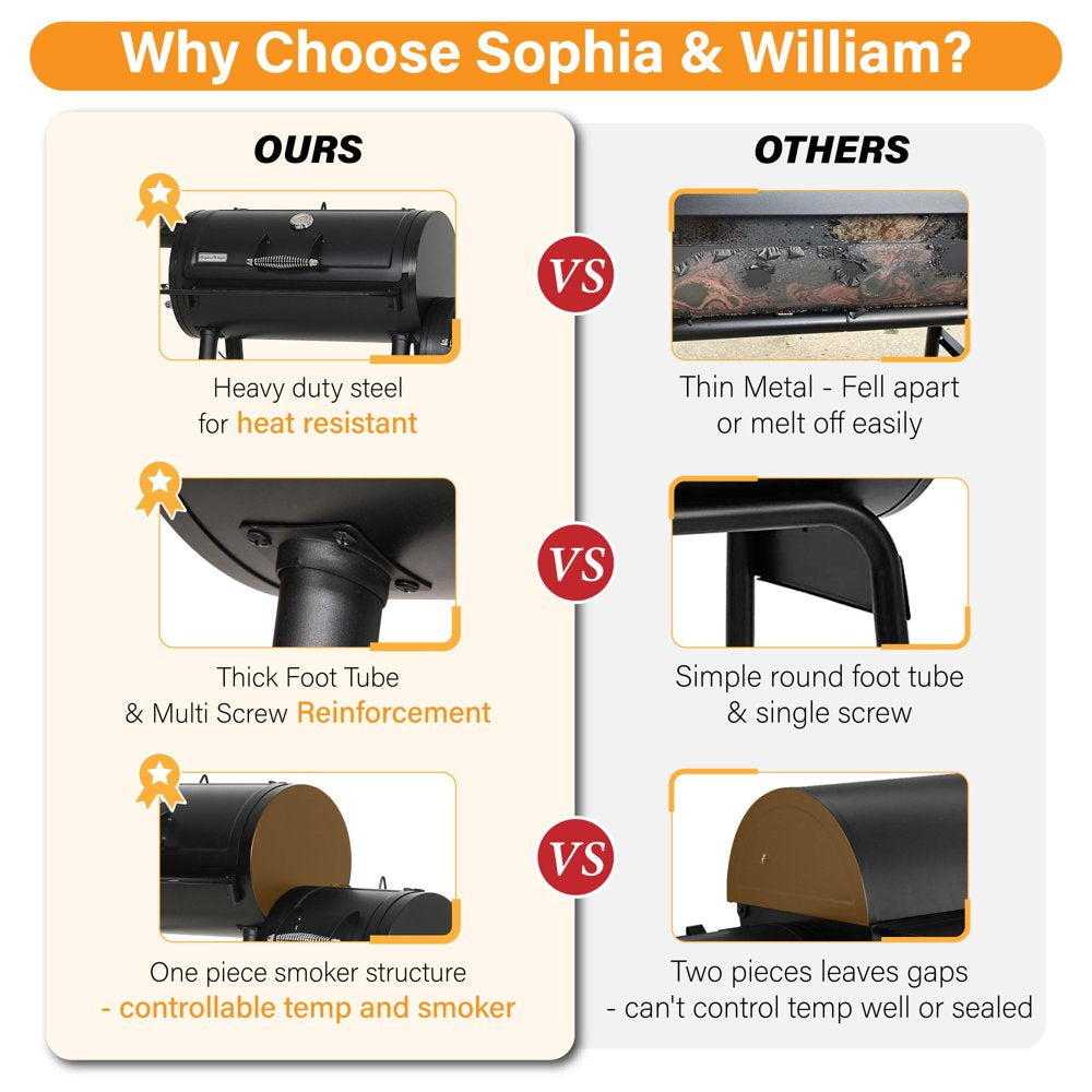 Sophia & William Portable Charcoal BBQ Grill with Offset Smoker, 512 sq. in. Cooking Area, Rust-Resistant, Easy Clean, Built-in Thermometer