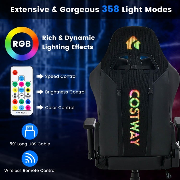 Adjustable 360° Swivel PU Gaming Chair with RGB LED Lights and Nylon Base
