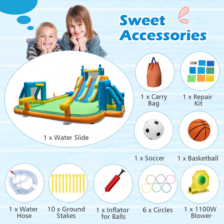 Kids Inflatable Water Slide with 2 Long Slides and 2 Soccer Gates with 1100W Blower