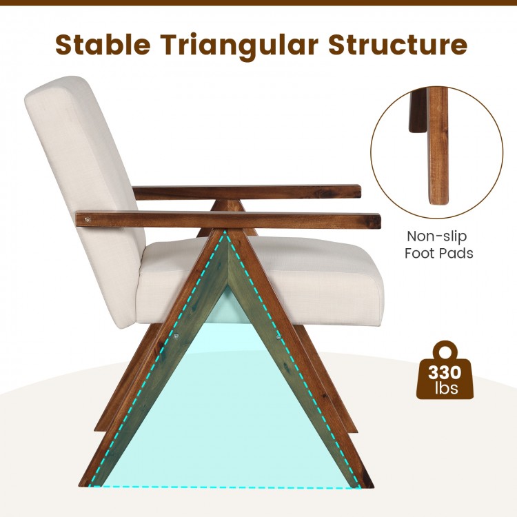 Modern Accent Chair Linen Fabric Armchair with Solid Acacia Wood Frame