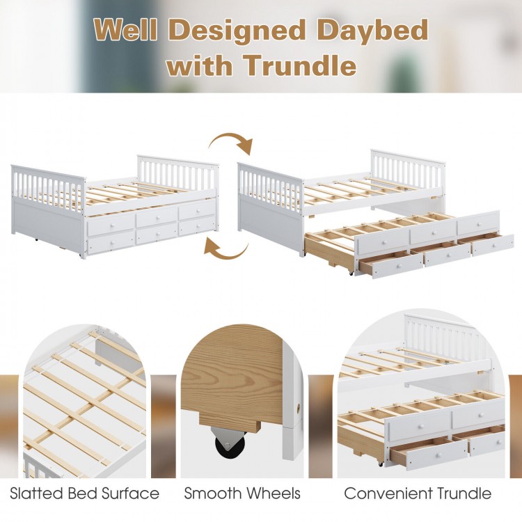 Full Size Wood Daybed Frame with Trundle Bed and 3 Storage Drawers